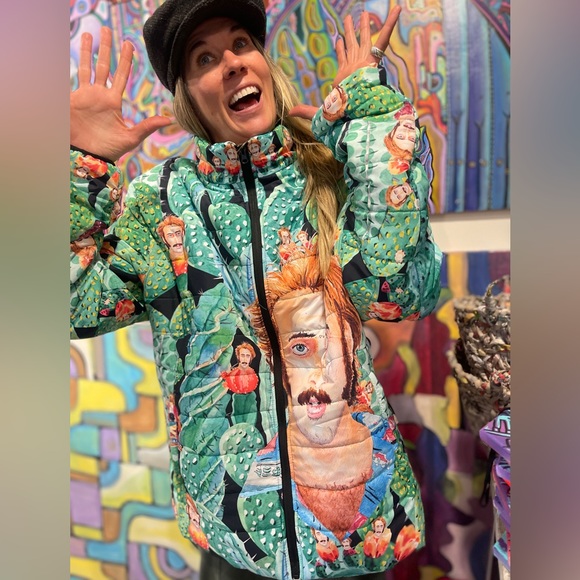 Nicolas Cage Raising Arizona Trippy Cactus Puffer - 80s Coen Bros Pop Art Jacket - Picture 13 of 17